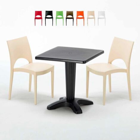 Table Carrée Noire 70x70cm Avec 2 Chaises Colorées Grand Soleil Set Bar Café Paris Aia - Beige