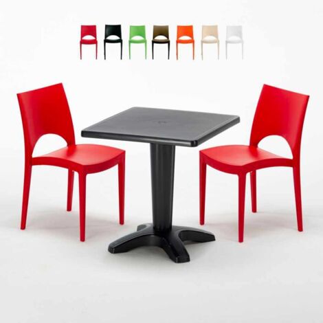 Table Carrée Noire 70x70cm Avec 2 Chaises Colorées Grand Soleil Set Bar Café Paris Aia - Rouge