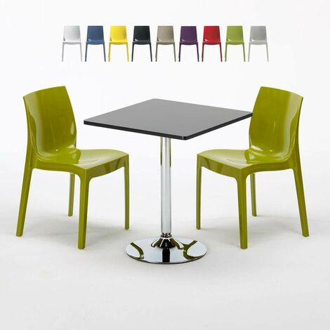 Table Carrée Noire 70x70cm Avec 2 Chaises Colorées Grand Soleil Set Intérieur Bar Café Ice Mojito | Couleur: Gris