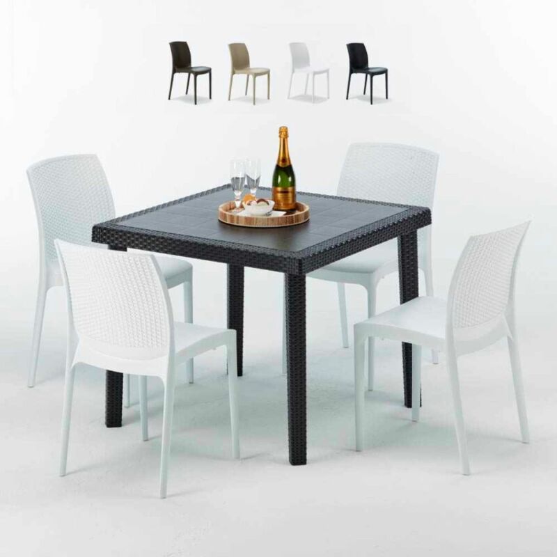 Table Carrée Noire 90x90cm Avec 4 Chaises Colorées Grand Soleil Set Extérieur Bar Café Boheme PASSION - Blanc
