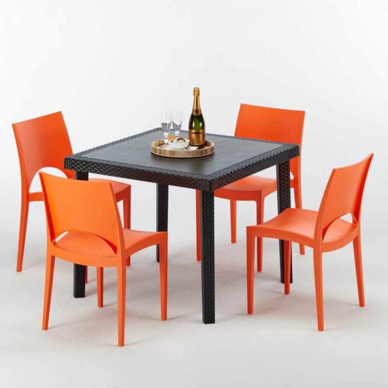 Table Carrée Noire 90x90cm Avec 4 Chaises Colorées Grand Soleil Set Extérieur Bar Café ROME PASSION Table Carrée Noire 90x90cm Avec 4 Chaises Colorées Grand Soleil Set Extérieur Bar Café ROME PASSION