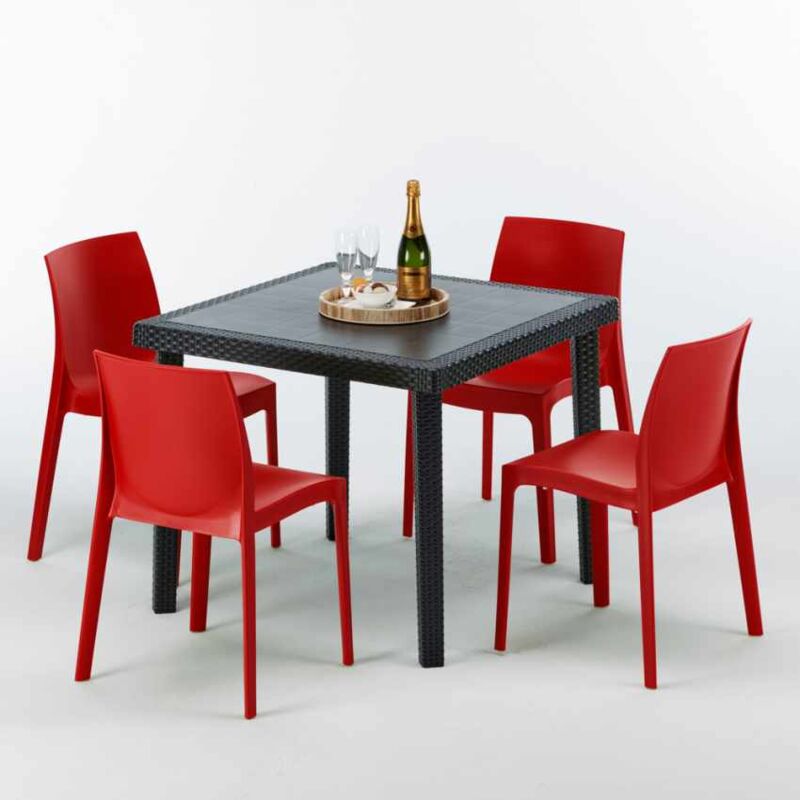 Table Carrée Noire 90x90cm Avec 4 Chaises Colorées Grand Soleil Set Extérieur Bar Café ROME PASSION Table Carrée Noire 90x90cm Avec 4 Chaises Colorées Grand Soleil Set Extérieur Bar Café ROME PASSION