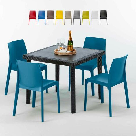 Table Carrée Noire 90x90cm Avec 4 Chaises Colorées Grand Soleil Set Extérieur Bar Café Rome Passion