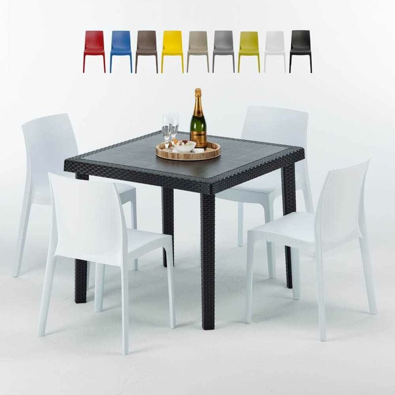 Table Carrée Noire 90x90cm Avec 4 Chaises Colorées Grand Soleil Set Extérieur Bar Café Rome Passion Couleur: Blanc
