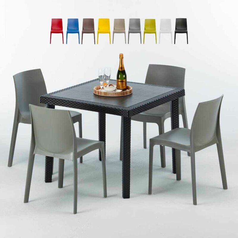 Table Carrée Noire 90x90cm Avec 4 Chaises Colorées Grand Soleil Set Extérieur Bar Café Rome Passion Couleur: Gris
