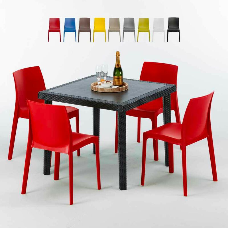 Table Carrée Noire 90x90cm Avec 4 Chaises Colorées Grand Soleil Set Extérieur Bar Café Rome Passion Couleur: Rouge