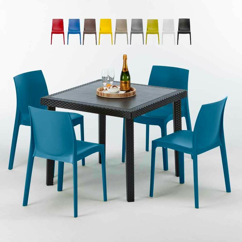 Table Carrée Noire 90x90cm Avec 4 Chaises Colorées Grand Soleil Set Extérieur Bar Café Rome Passion Couleur: Bleu