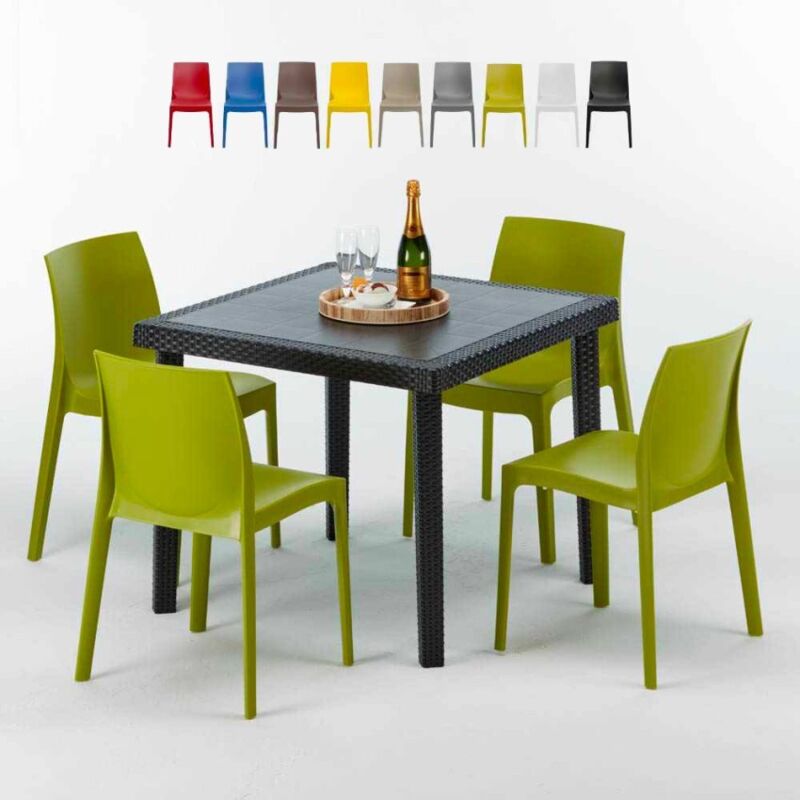 Grand Soleil – Ensemble table carrée noire 90x90cm avec 4 chaises empilables en polypropylène – Résistant aux intempéries – Pour cafés et terrasses