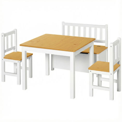 Table chaises enfants 4 pièces table + 2 chaises + banc rangement activités +3 ans salle jeux, blanche/naturelle