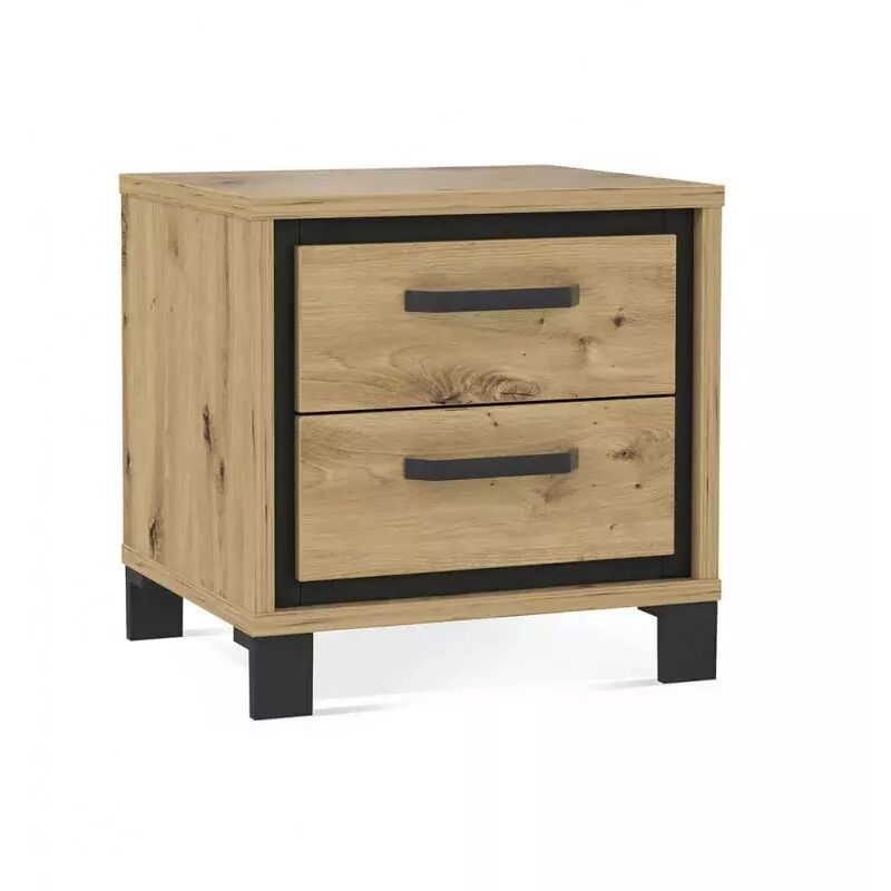 Table chevet 2 tiroirs décor chêne pieds poignées métal noir - alia