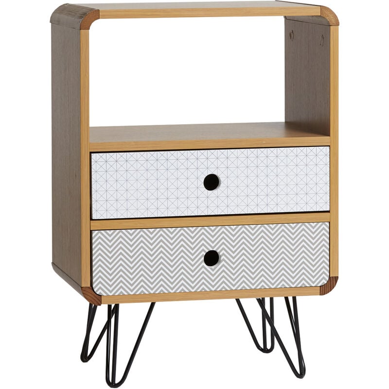 Table chevet Buda 2 Tiroirs. Couleur chêne. piétement en métal en noir.