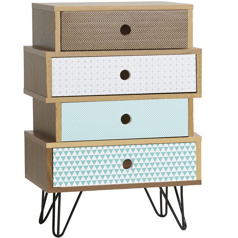 Vs Venta-stock - Table chevet Buda 4 Tiroirs. Couleur chêne. piétement en métal en noir.