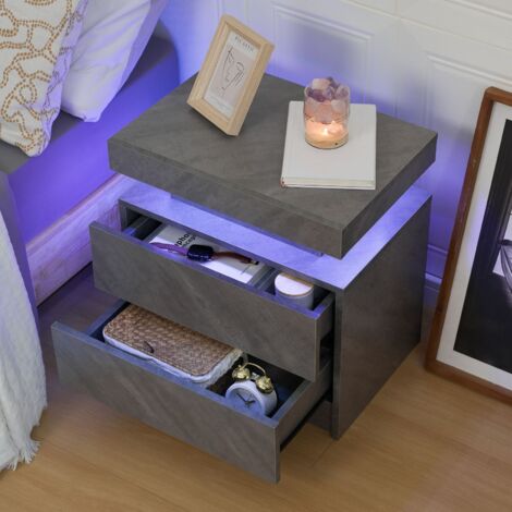 Table chevet meuble appoint LED avec 2 tiroirs gris OKMYHOME