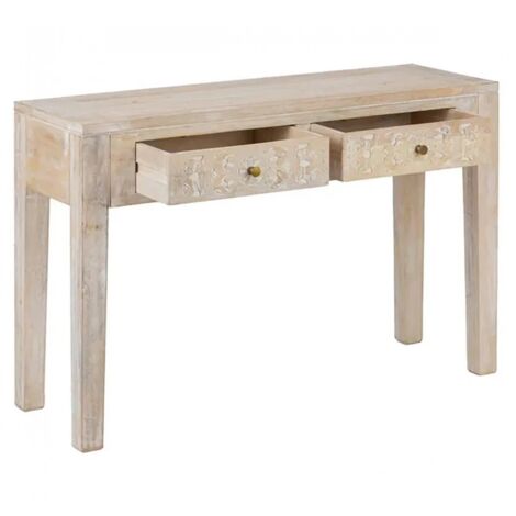 Table console 2 tiroirs avec une finition effet blanchi et des motifs sculptés - Longueur 120 x Profondeur 40 x Hauteur 80 cm