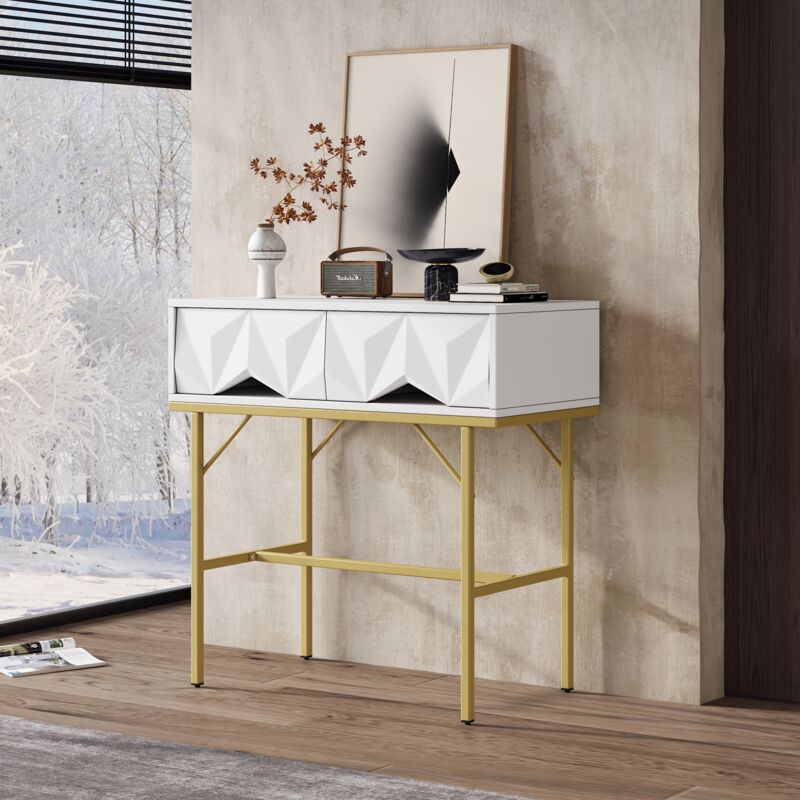 Dans Les Nuages - Table console 80 cm, avec 2 tiroirs, design 3D géométrique, cadre en métal, table d'appoint, Meuble d'Entrée, Pour Couloir Salon