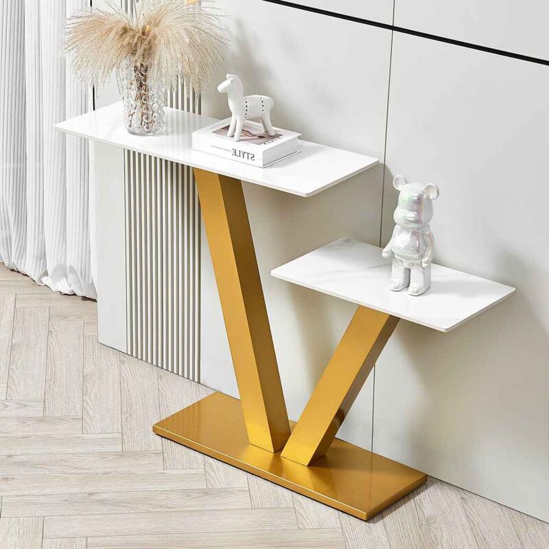 Table console 80 x 30 x 80 cm en pierre fritté, charge de 40 kg, design unique, forme de v, blanc+or