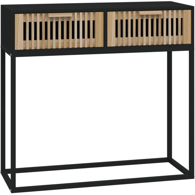 Petite table console en bois naturel avec 2 tiroirs et pieds en métal noir 80cm - Modèle Bolivia-Noir Petite table console en bois naturel avec 2 tiroirs et pieds en métal noir 80cm - Modèle Bolivia-Noir