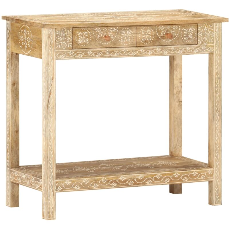 Vidaxl – Table console en bois de manguier massif 80x35x74 cm – 2 tiroirs et étagère – Finition naturelle et motif peint à la main