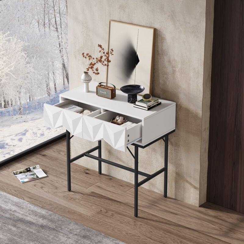 Table console 80x40x80 cm - Table avec tiroir géométrique tridimensionnel au design creux pour entrée et salon - blanc + noir