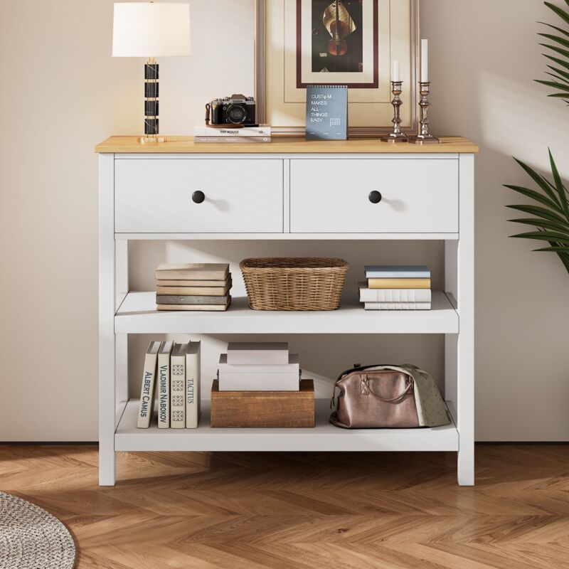 Eifson - Table console 85x35x77 cm, avec 2 tiroirs, étagères ouvertes, 2 poignées rose-noir, style vintage, pour salon, entrée, couloir - Blanc