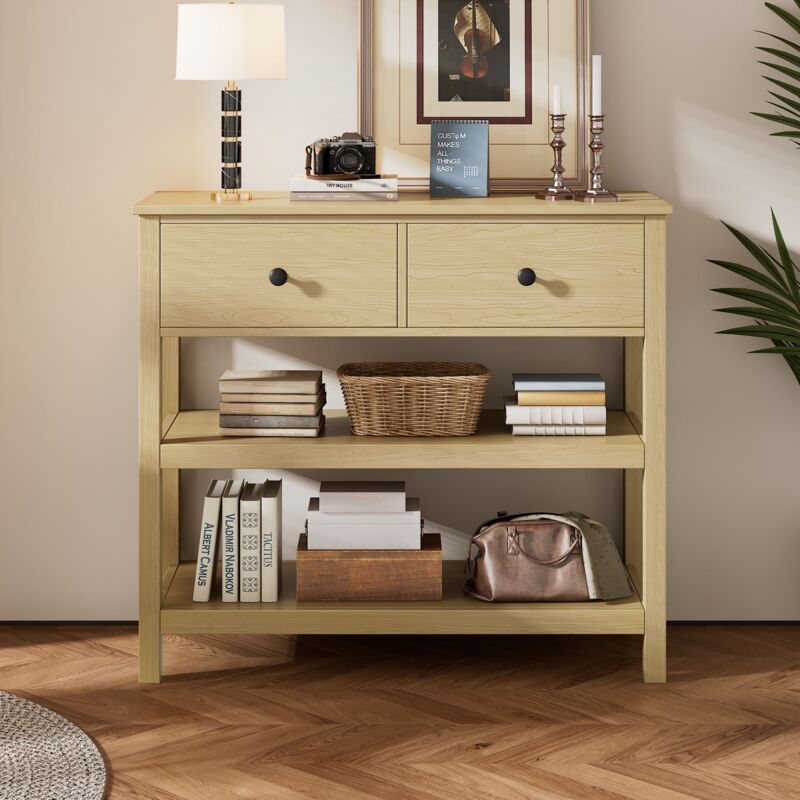 Table console 85x35x77 cm, avec 2 tiroirs, étagères ouvertes, 2 poignées rose-noir, style vintage, pour salon, entrée, couloir - Naturelle