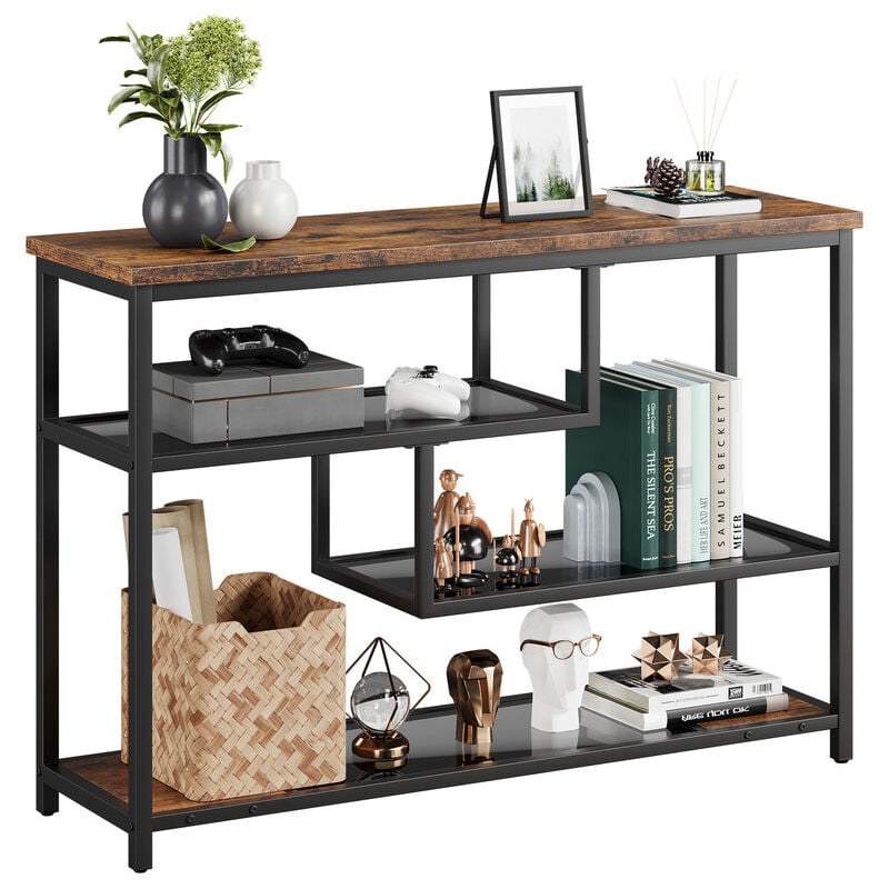 Lunsy - Table console à 4 niveaux avec compartiments ouverts - Table d'entrée étroite avec étagères en verre et cadre en métal - Table de couloir