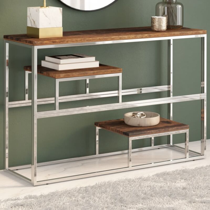 Table console argenté inox et bois de mélèze massif Vidaxl