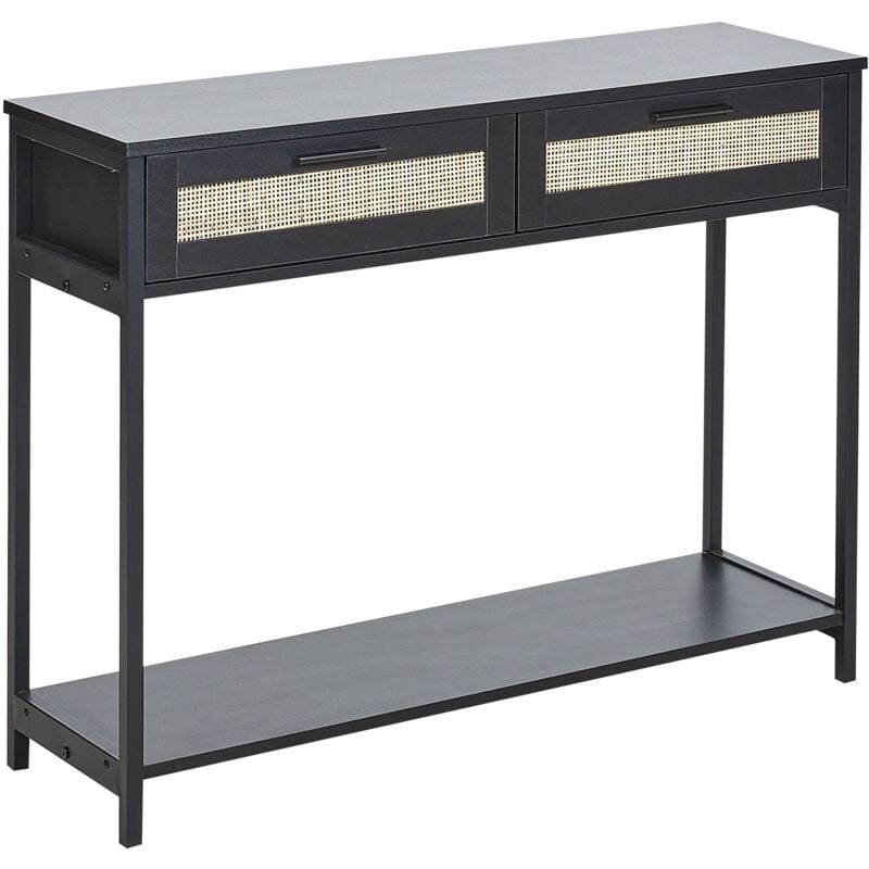 Table Console avec 2 Tiroirs en Rotin en MDF Noir avec Pieds en Bois d'Hévéa Style Boho Opoco