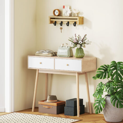 Table console avec 2 tiroirs et pieds en bois. pour salon. entrée. couloir. 86 x 35 x 75 cm. chêne et blanc