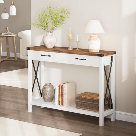 Table console avec tiroirs, table de canapé étroite en bois avec 2 étagère 2 tiroirs de rangement pour entrée, hall d'entrée, couloir, salon, blanc,110x30x76CM