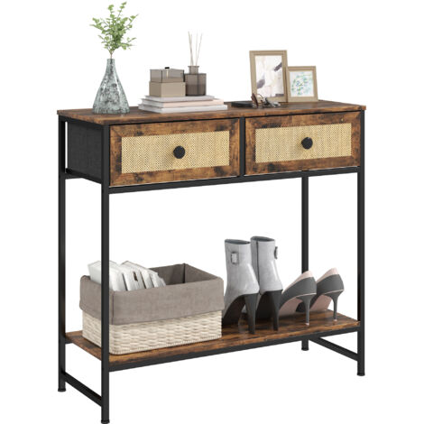 Table console brun rustique, 80x30x75 cm, étagère ouverte, 2 tiroirs rotin avant.