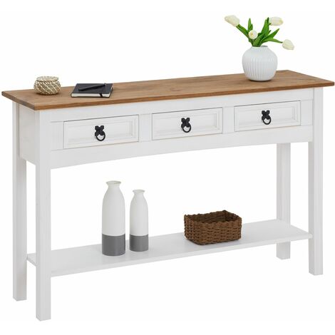 Table console CAMPO table d'appoint en pin massif blanc et brun avec 3 tiroirs et 1 étagère, meuble d'entrée en bois - Blanc/Brun