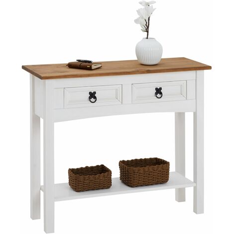 Table console CAMPO table d'appoint rectangulaire en pin massif blanc et brun avec 2 tiroirs et 1 étagère, meuble d'entrée en bois - Blanc/Brun