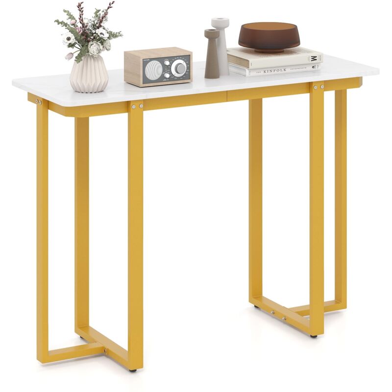 Table Console d'Entrée Moderne en Imitation Marbre avec Structure Géométrique en Métal, Table d'Appoint Etroite 107x40x79,5 cm, Blanc et Doré