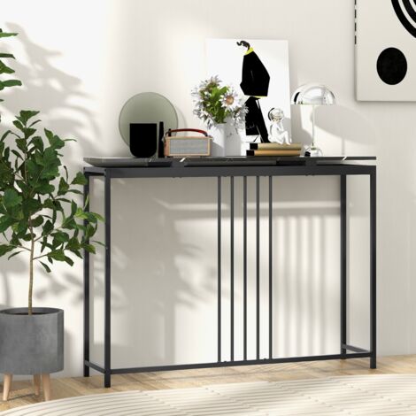 Table Console Effet Marbre 120x30x90 CM Cadre Acier Style Moderne Noir