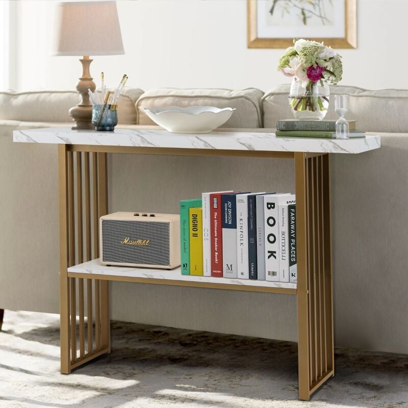 Table Console Effet Marbre 2 Niveaux 120 x 29,5 x 92,5 cm (l x l x h) Cadre en Métal Doré Style Scandinave CW69049