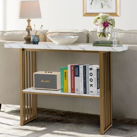 Table Console Effet Marbre 2 Niveaux 120 x 29,5 x 92,5 cm (L x l x H) Cadre en Métal Doré Style Scandinave CW69049