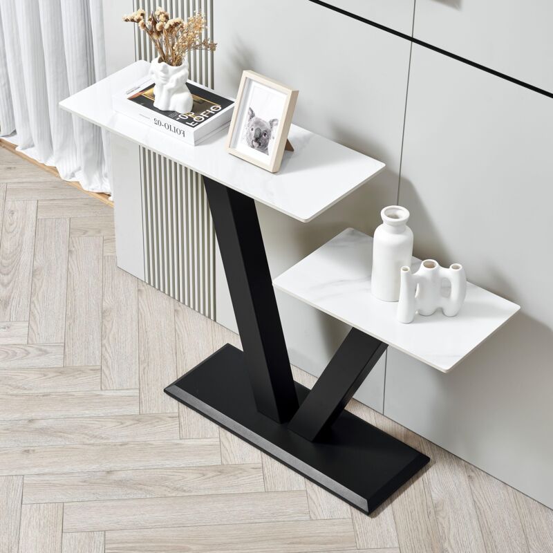 Table console en ardoise et métal avec 2 bureaux hauts et bas. noir et blanc
