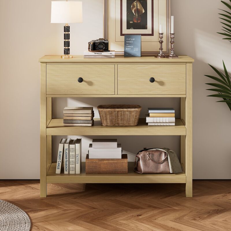 Tanant - Table Console en bois, console avec tiroirs et étagères ouvertes, idéale pour les couloirs, les entrées et les salons, Naturel