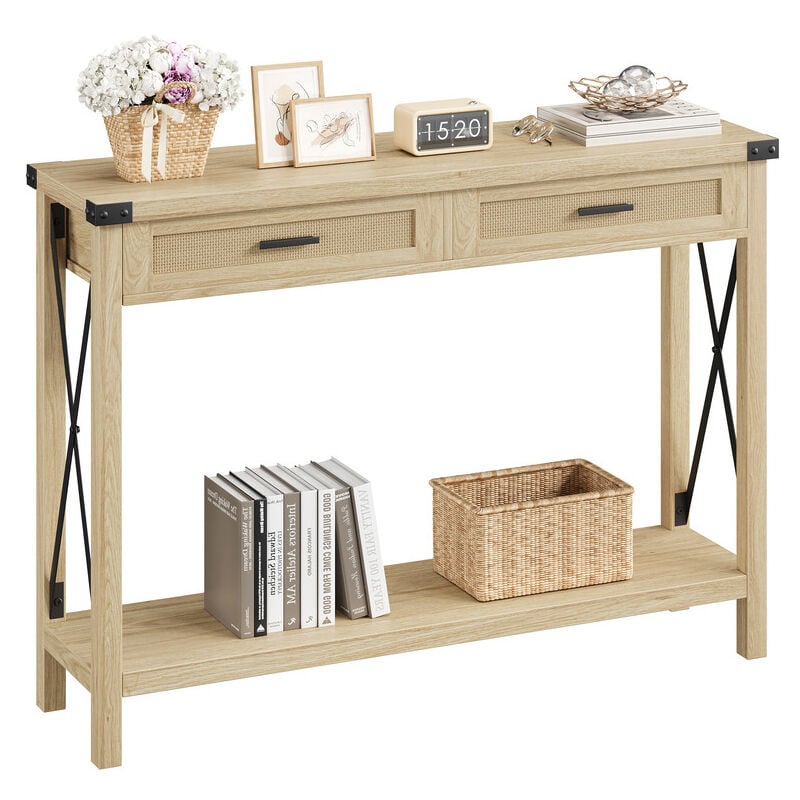 Hoerfuriy - Table console en rotin avec 2 tiroirs et étagère ouverte, table de couloir, table basse étroite pour salon, bureau, entrée ou mur tv