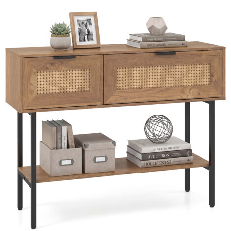 Table Console en Rotin, Meuble d’Entrée, avec 2 Tiroirs, Étagère de Stockage Ouverte, Dispositif Anti-Basculement, Coussinet de Pied Réglable, Naturel