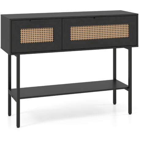 Table Console en Rotin, Meuble d’Entrée, avec 2 Tiroirs, Étagère de Stockage Ouverte, Dispositif Anti-Basculement, Coussinet de Pied Réglable, Noir
