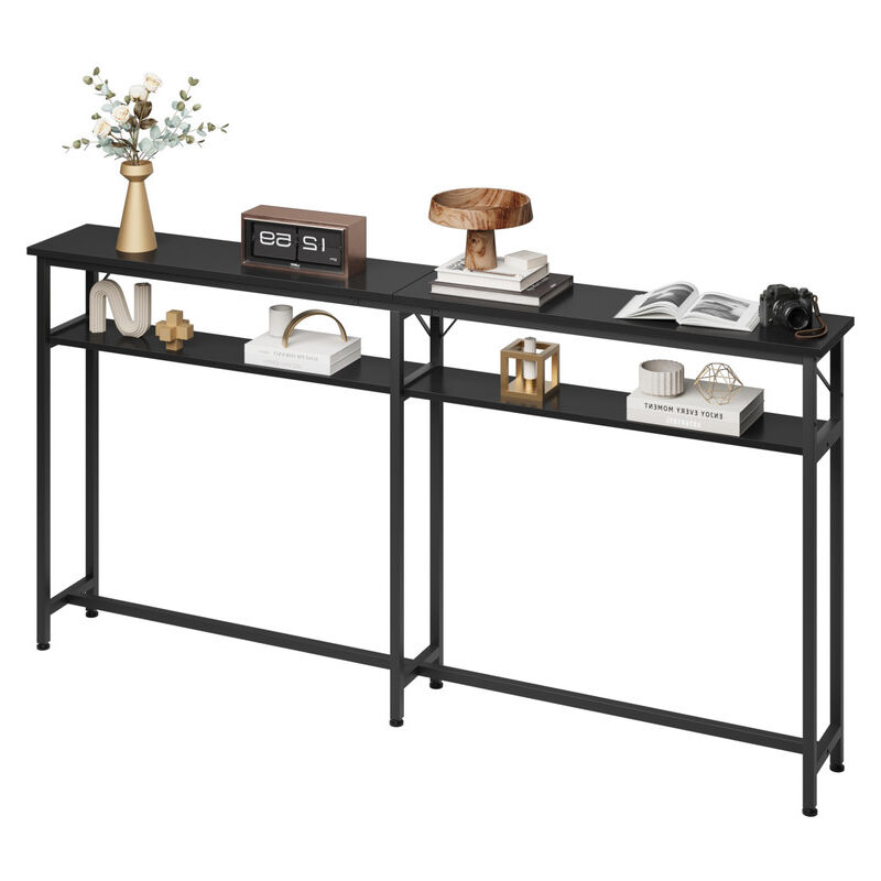 Table console étroite, 180 x 23 x 100 cm, à 2 étages, avec espace de rangement, extra longue, pour entrée, salon, noire