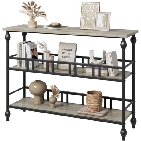Table console étroite industrielle 3 niveaux, Meuble d’appoint avec étagères, Style rustique moderne, Gris, 109 x 30x 80cm