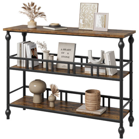 Table console étroite industrielle 3 niveaux, Meuble d’appoint avec étagères, Style rustique moderne, Marron, 109 x 30x 80cm