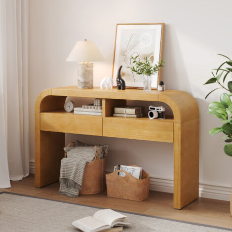 Table console étroite naturel avec 2 tiroirs et façade arrondie – meuble d'entrée à patins réglables, pour couloir ou petit espace, 120x36x78 cm
