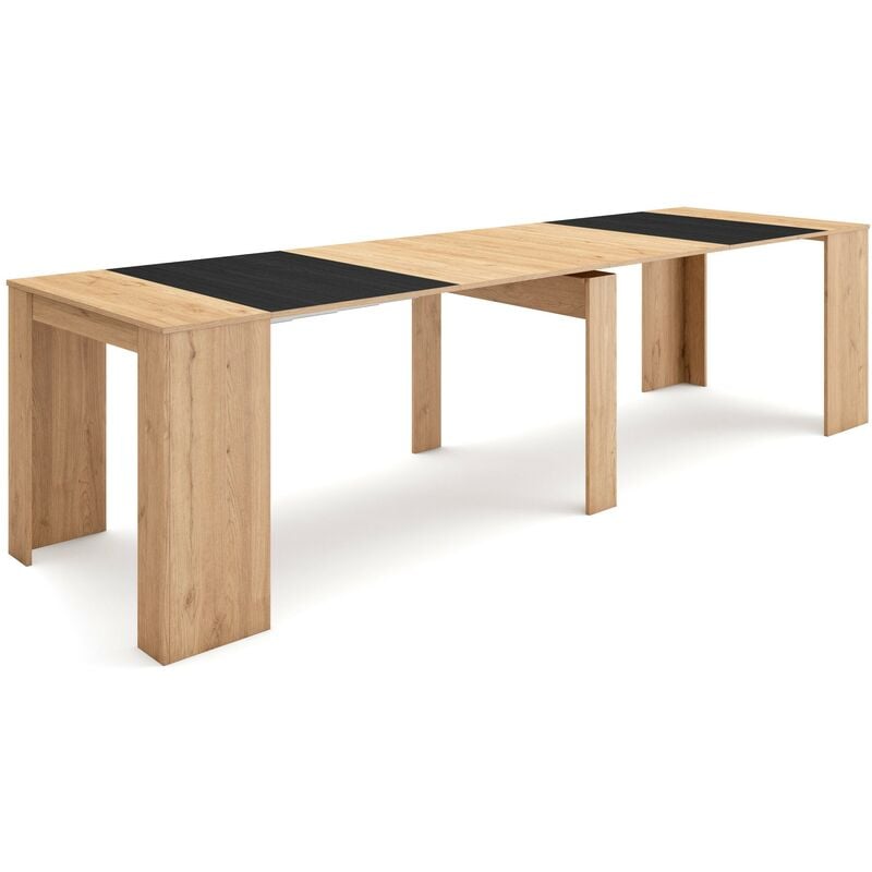 Table console extensible, Console meuble, 300, Pour 14 personnes, Table à Manger, Style moderne, Chêne et noir - Skraut Home