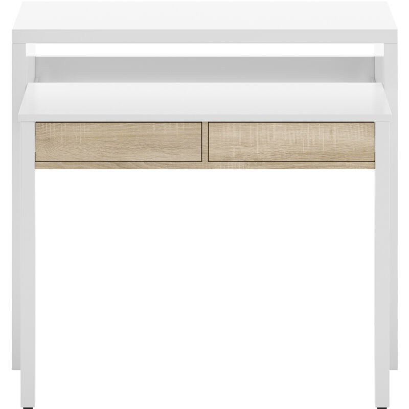 Pegane – Table console extensible convertible en bureau blanc et chêne – Dimensions 88 cm hauteur x 99 cm longueur x 36-70 cm profondeur – Mélamine Pegane – Table console extensible convertible en bureau blanc et chêne – Dimensions 88 cm hauteur x 99 cm longueur x 36-70 cm profondeur – Mélamine
