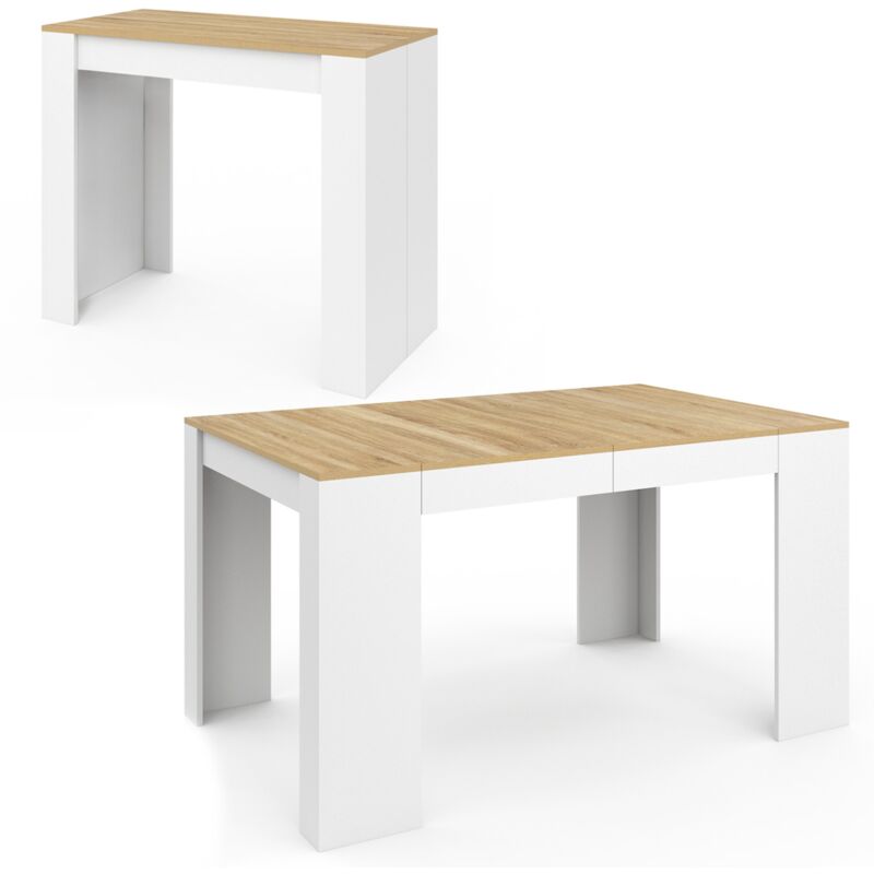 Table console extensible 140 cm blanc et bois façon hêtre