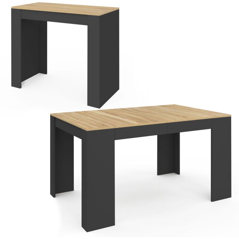 Table console extensible 6 personnes 140 cm noir et bois façon hêtre